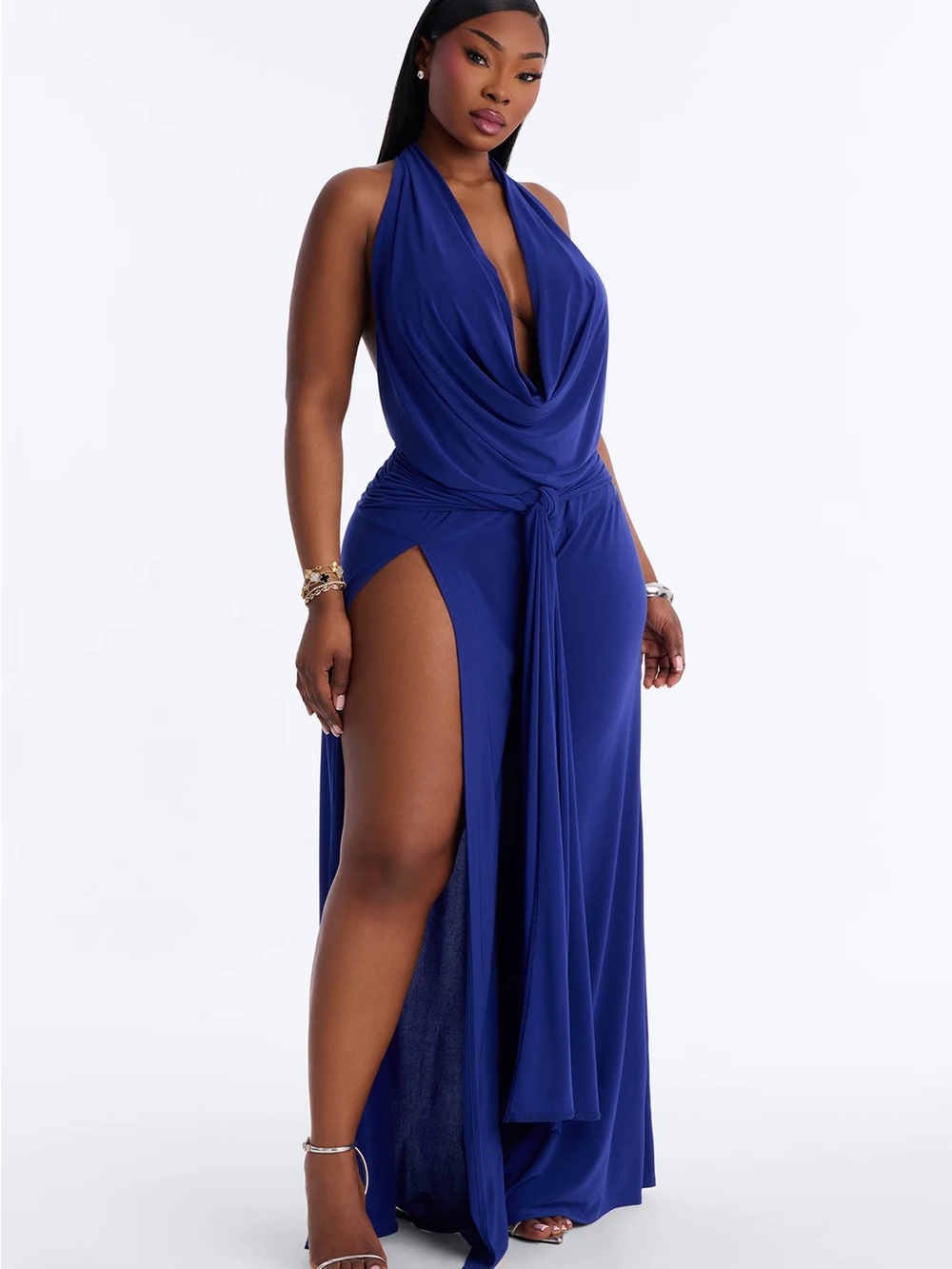 Draped Halter Maxi Swim Cover-Up Dress in Royal Blue